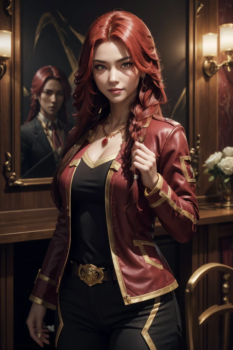 I want to be a powerful figure behind the scenes！,Iris Midgar,Red hair,long hair,Outside flip,with a single braid on one side only,Red eyes,Red Eyes,Beautiful white skin,Black and gold jacket,Black shirt,White long pants,Sapphire necklace,Photorealistic,Ultra HD,high quality,masterpiece,Digital SLR,Detailed details,Intricate details,Anatomical basis,Depicted in detail,A detailed face,Realistic skin texture,Vivid details,Perfect Anatomy,Perfect Anatomy,Anatomically correct hand,Anatomically correct fingers,Super Detail,Complex 3D rendering,The worldview of a fantasy with sexy poses,In the great outdoors,Petals of roses dance,Picturesque,Pink Lips,smile,