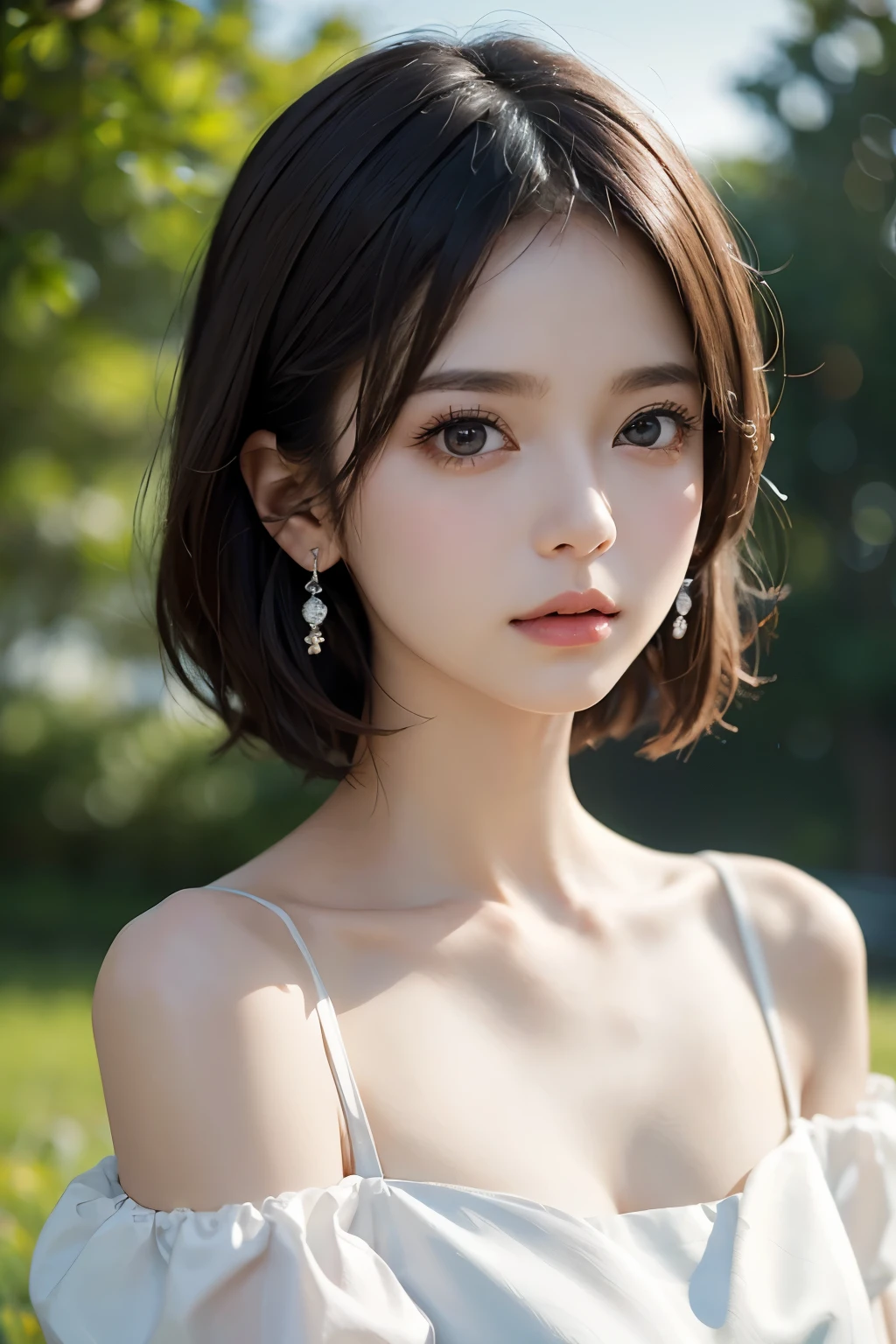 (top-quality, masterpiece:1.2), Caucasian 18-year-old beautiful girl, Very cute, Blouse, F 1.8, Soft light, Raw Photos Real, The skin texture is very detailed, without makeup, mournful, mournful, Short hair, depth of fields, hight resolution, Ultra-detailed, finely detail, Extremely detailed, extremely detailed eye and face, Sharp pupils, slightly open mouth