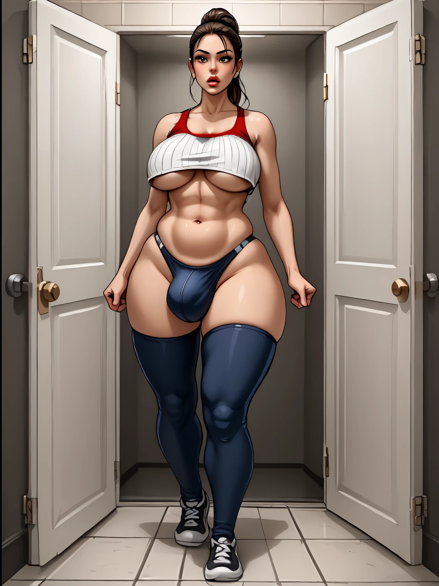 wearing ribbed crop top, red crop top, stretched fabric, ((underboob))