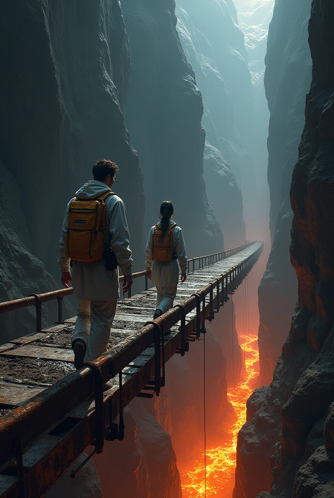 A dark cave with a huge cliff with a river of lava and a long, rusty iron bridge connecting the cave exit and the other part of the cave.. And there are also two scientists, a young man and a woman with loose hair, about to cross the bridge.. And everyone has scientific clothes. The woman in the middle of the bridge and the man at the end of the bridge 
