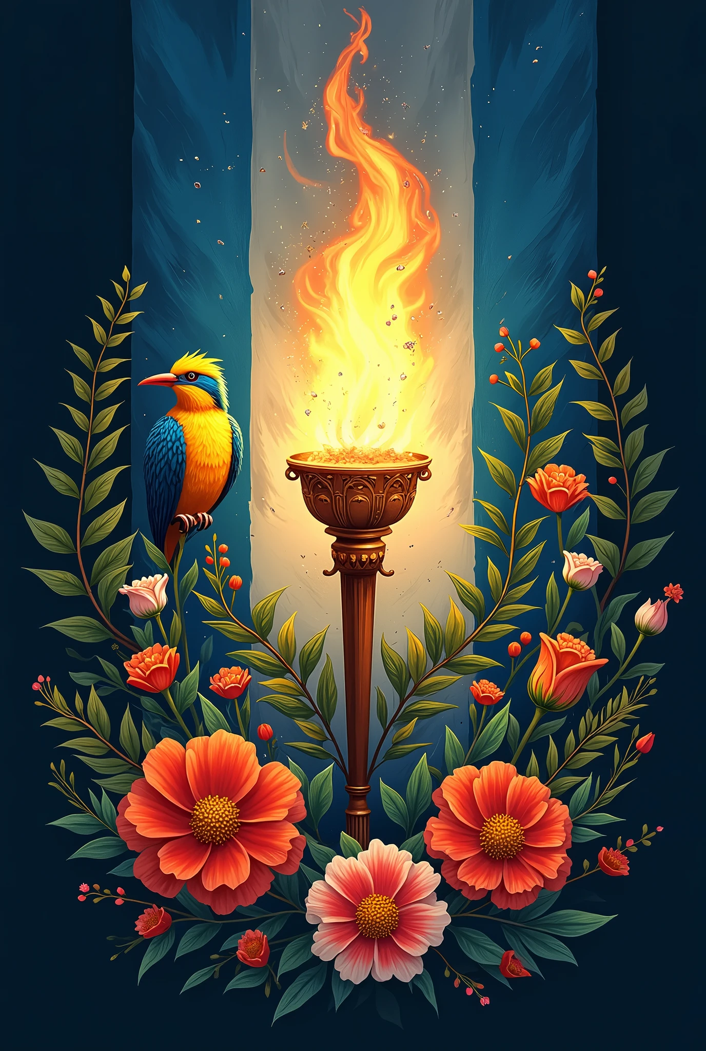 unite in a single horizontal image the national symbols of Guatemala but in the center place an animated torch