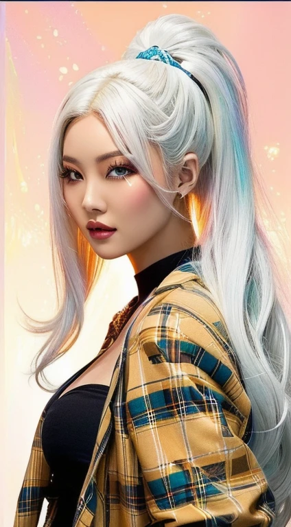 A close-up of a woman with white hair and a plaid jacket, rossdraws vibrant cartoons, rossdraws | afrofuturism, Style Ross Tran, Ross draws a portrait, :: rossdraws, trend in artstration, In the style of Ross Tran, rossdibuja 2. 0, rossdraws 1. 0, RossDraws Vibrant Pastel, rossdibuja 2. 5
