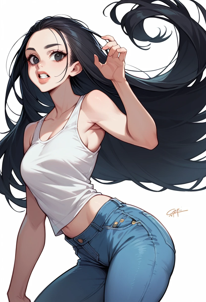 a woman, black hair, long hair, straight hair, black eyes, bare forehead, wide forehead, full lips, big teeth, round tits, big tits, micro shorts jeans, white tank top, standing, white background,