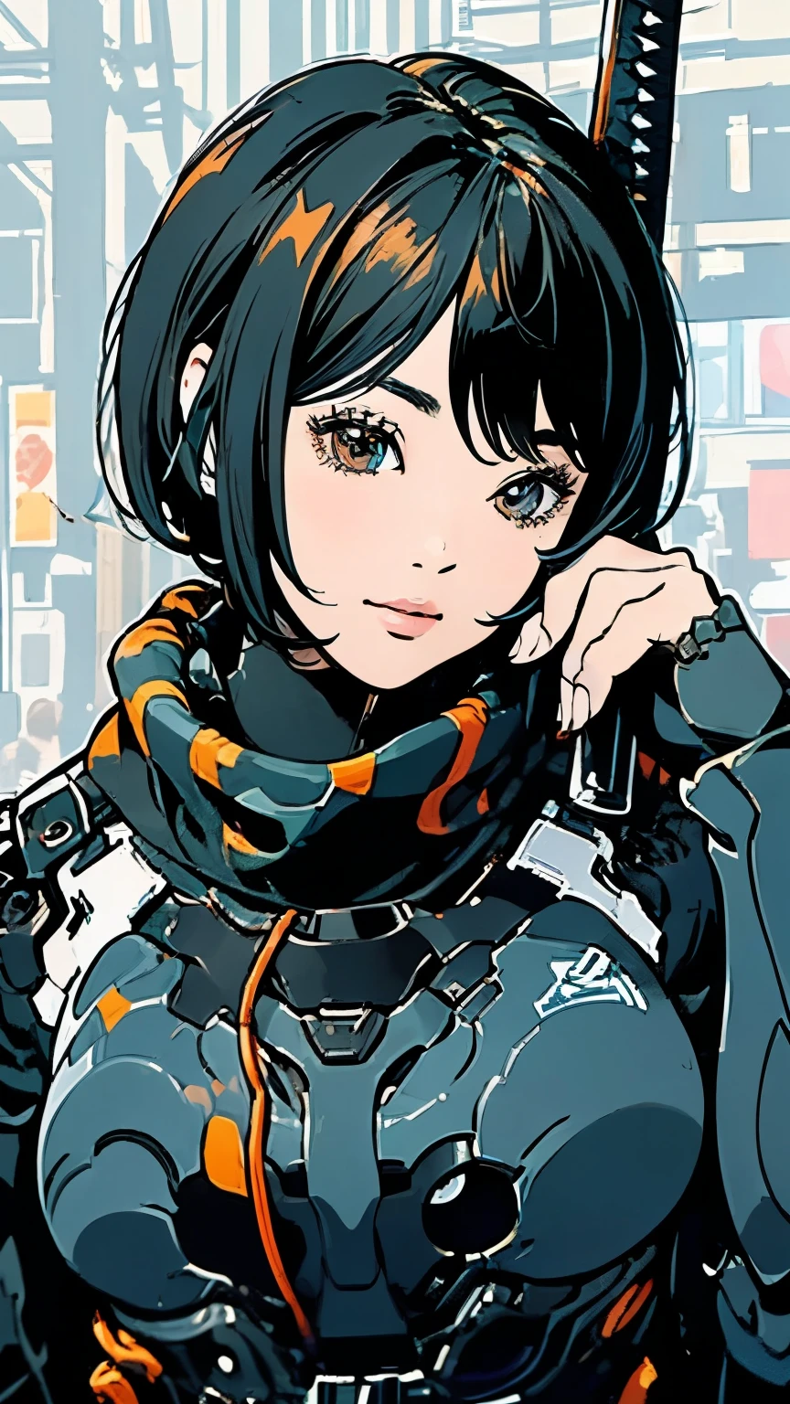 Android Ninja Suit、Upper Body、Close-up of face、solo、Beautiful woman、Black Hair、Bobcut、smile、Scarf、Carrying a sword、Moderate bust、scenery、The future will、flight、Mecha Ninja、Urban camouflage、Half helmet、masterpiece、Highest quality