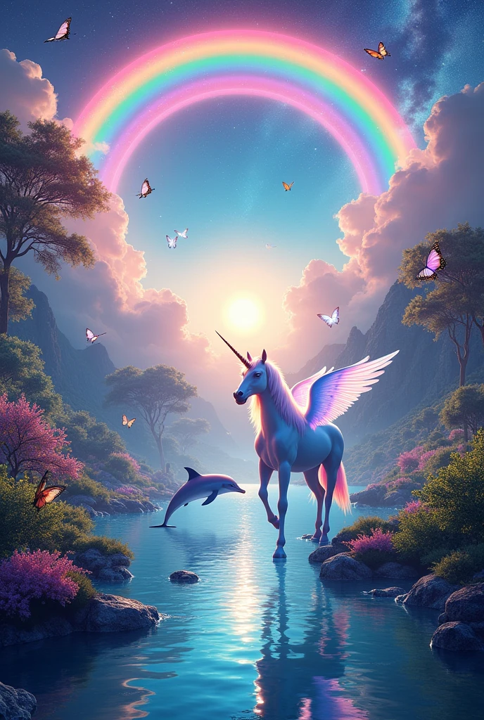 Alicorn Paradise, with rainbow in a paradise and dolphins, butterflies, that the galaxy can be seen too, SUPER COLORFUL BRIGHT COLOR 