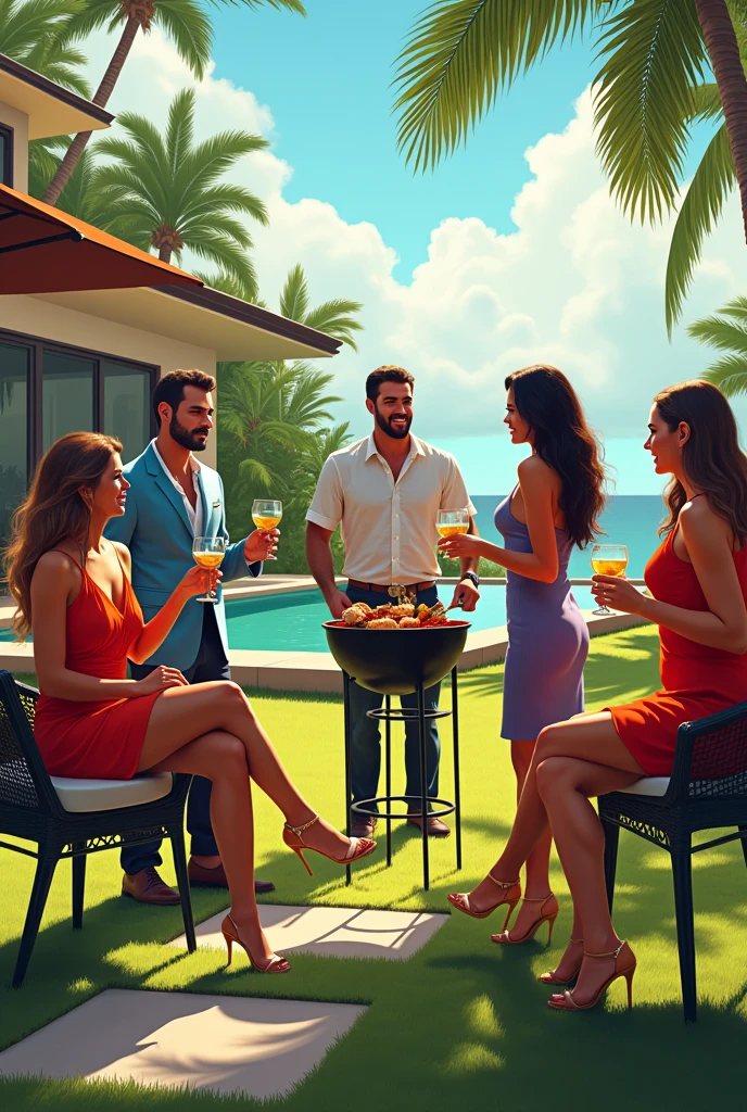 3 Brazilian men, Rich, having a barbecue in the afternoon with 3 foreign women in front of the house.