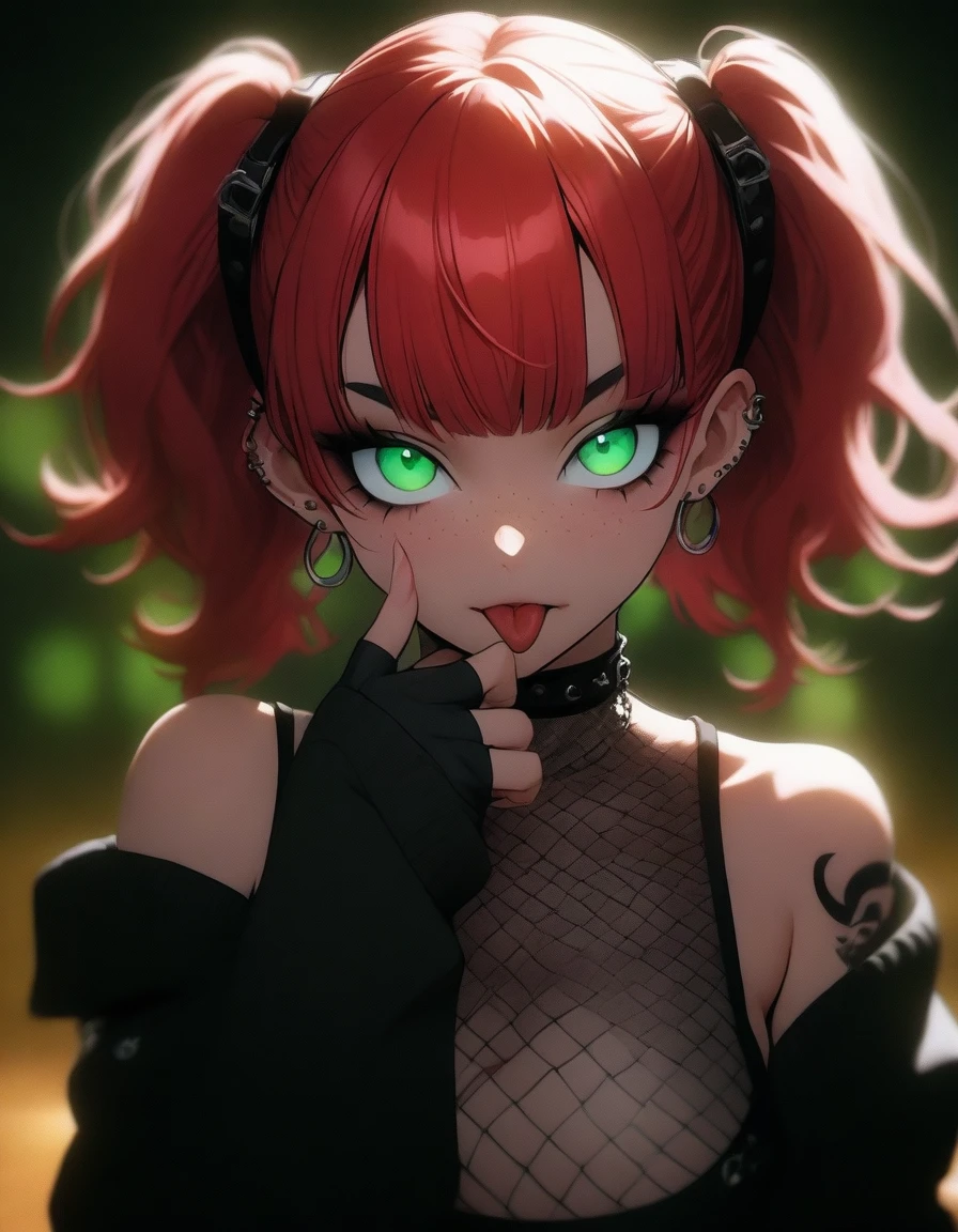woman, curly red hair in pig tails, green eyes, eye shadow, black hoodie, black finger-less gloves, exposed shoulders, large breasts, freckles, cleavage, fishnet undershirt, looking at viewer, Holo-Punk Style, goth, earrings, eyelashes, makeup, solo, tattoo, punk aesthetic, cinematic lighting, masterpiece, best quality, face close up, sticking tongue out, two fingers