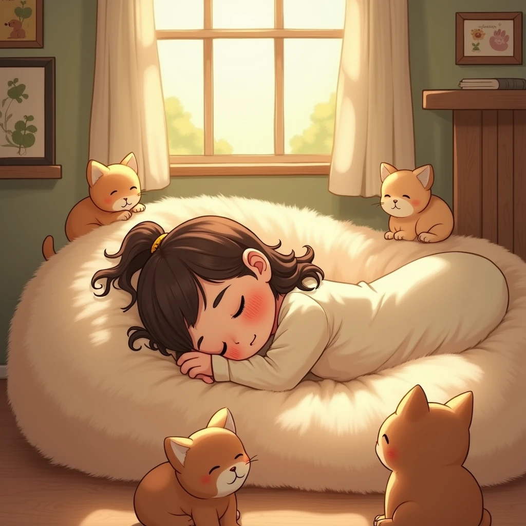 Napping indoors in the sunlight, a girl, cats, puppies, happy scenes, fairy tales,