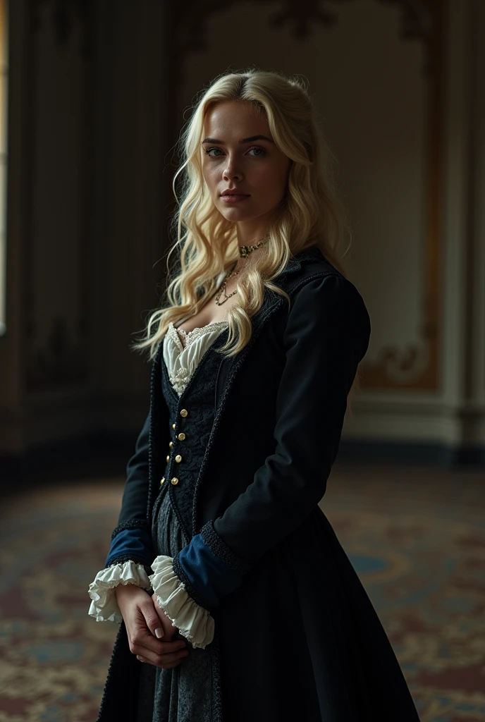 Beautiful blonde girl identical to Emilia Clarke dressed in a black and blue seventeenth century men&#39;s jacket standing in a dark, vast room 