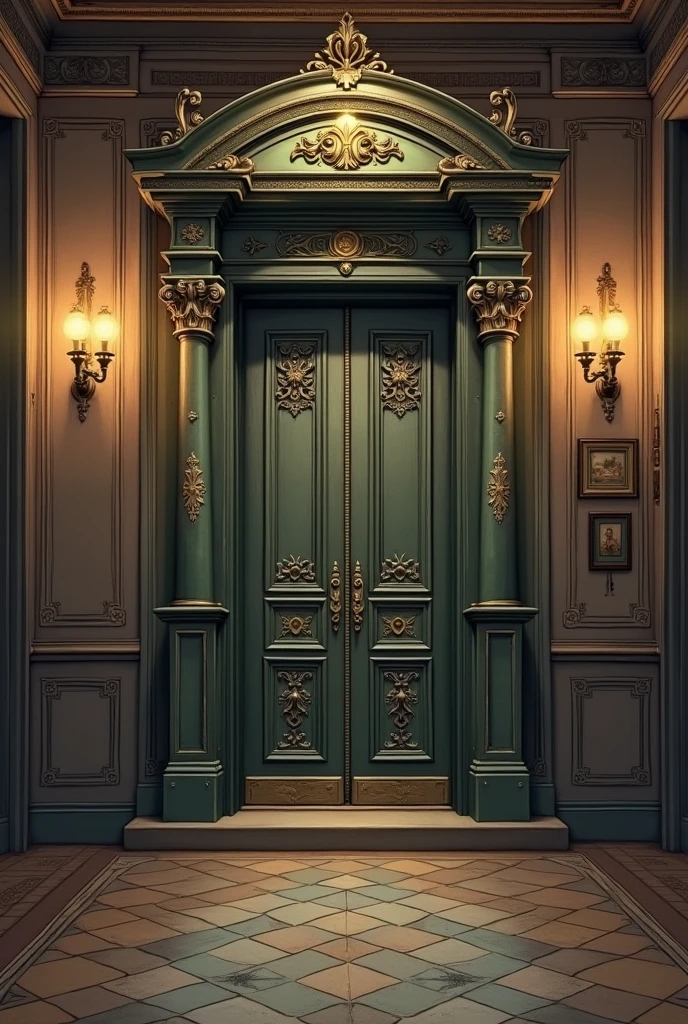 drawn in the form of a colored drawing, an old elevator in a hallway of a building