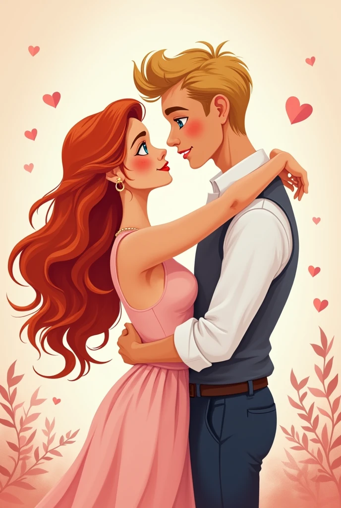 A romance book cover of a white woman with red hair with a blonde white man in cartoon style with pastel colors