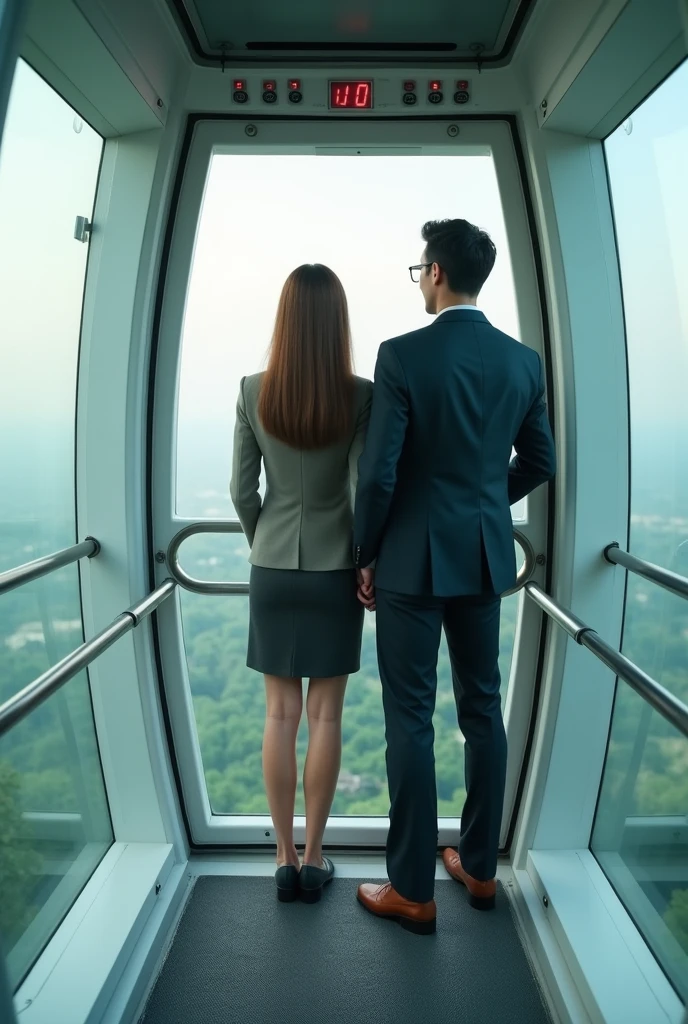it is day. Inside the translucent glass cabin of an Orbit elevator, There is a couple dressed in business attire, chatting happily. The woman is wearing a skirt that reaches to her knees.. She is holding on to the railing inside the elevator and is not holding the man's hand.. The image shows the buttons 1 inside the cabin.,2,3,4,5,6,7,8,9,10 of the elevator. The woman looks out at the landscape outside the elevator.
The cabin is shaped like a cube, and the cube is not deformed in the image