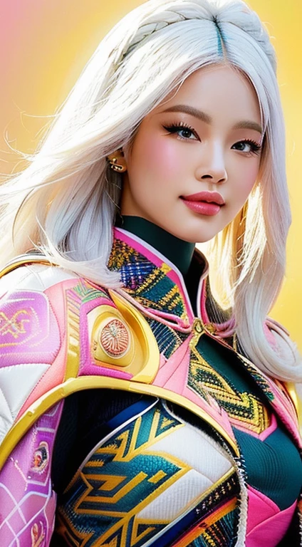 A close-up of a woman with white hair and a plaid jacket, rossdraws vibrant cartoons, rossdraws | afrofuturism, Style Ross Tran, Ross draws a portrait, :: rossdraws, trend in artstration, In the style of Ross Tran, rossdibuja 2. 0, rossdraws 1. 0, RossDraws Vibrant Pastel, rossdibuja 2. 5