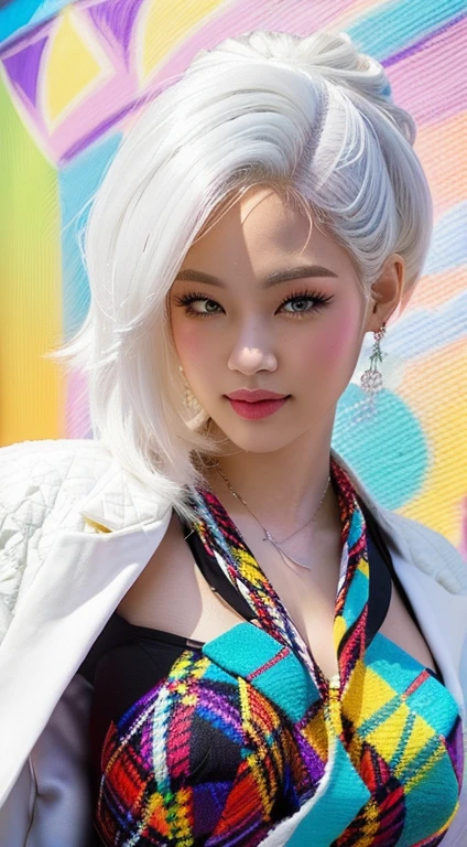 A close-up of a woman with white hair and a plaid jacket, rossdraws vibrant cartoons, rossdraws | afrofuturism, Style Ross Tran, Ross draws a portrait, :: rossdraws, trend in artstration, In the style of Ross Tran, rossdibuja 2. 0, rossdraws 1. 0, RossDraws Vibrant Pastel, rossdibuja 2. 5