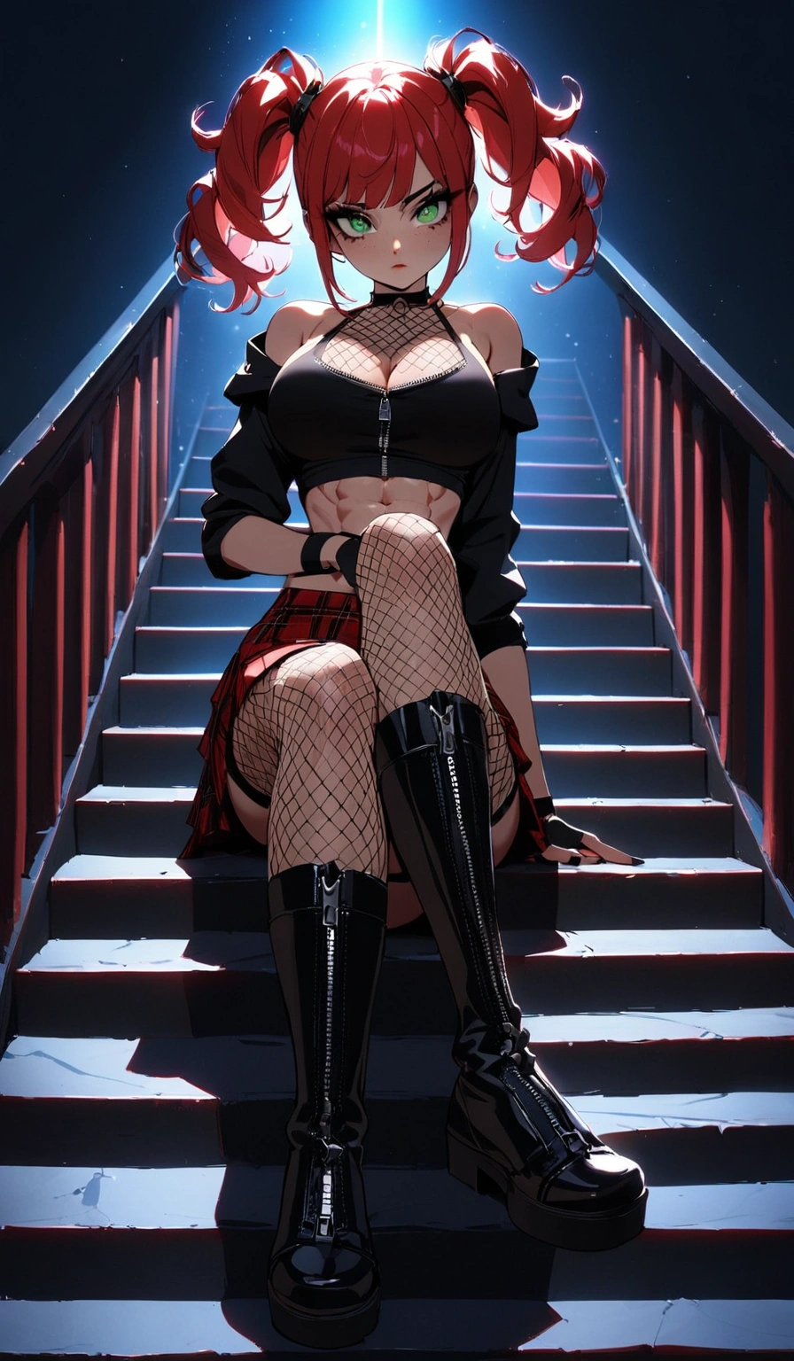 woman, stoic, curly red hair in pig tails, green eyes, black eyeshadow, wearing crop top black shirt, black hoodie, red plaid skirt, black knee high zipper boots, black fingerless gloves, exposed shoulders, large breasts, freckles, abs, cleavage, looking down at viewer, masterpiece, best quality, cinematic lighting, Holo-Punk Style, sitting on stairs, make up, eyelashes, fish net undershirt, fish net stockings, (full body), legs crossed