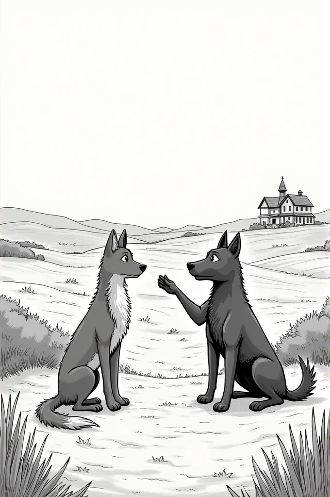 The dog talking to the skinny wolf, pointing towards a town or house in the distance. manga