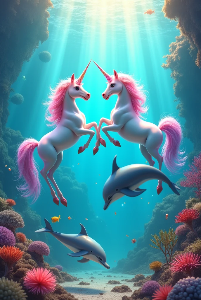 colorful and beautiful unicorns being friendly with dolphins.