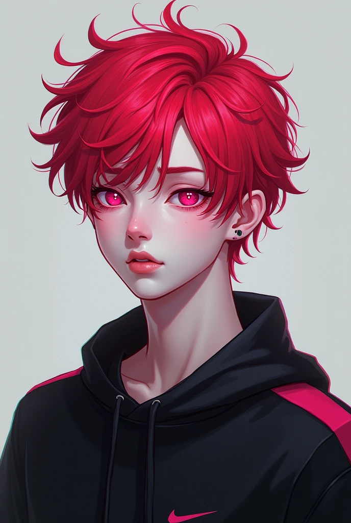 19 year old boy with white skin,
pale skin Messy hair
Bright blood red
Bright red hair
Pink eyes Bright Pink eyes
Wearing a black sweatshirt with pink details