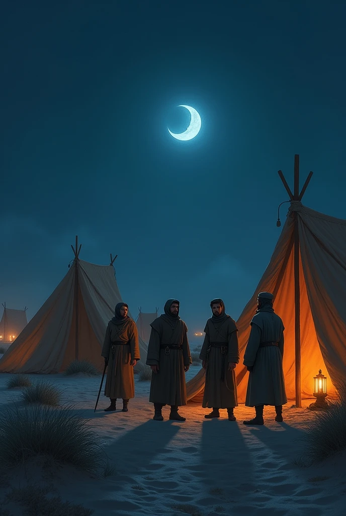 ## 3. **The Guards on Watch at Night**
*Create an image of the caravan camp at night, bathed in the soft glow of a crescent moon. The guards stand vigilantly around Malik's tent, their faces tense as they peer into the dark. The tents are illuminated by the warm light of lanterns, casting flickering shadows on the sand. In the distance, faint whisper-like sounds stir, and the cold desert wind begins to pick up, adding to the eerie atmosphere.*