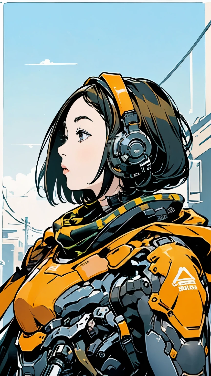 Android Ninja Suit、profile、Close-up of face、solo、Beautiful woman、Black Hair、Bobcut、Looking up at the sky、Scarf、Carrying a sword、Moderate bust、scenery、The future will、flight、Mecha Ninja、Urban camouflage、Half helmet、masterpiece、Highest quality