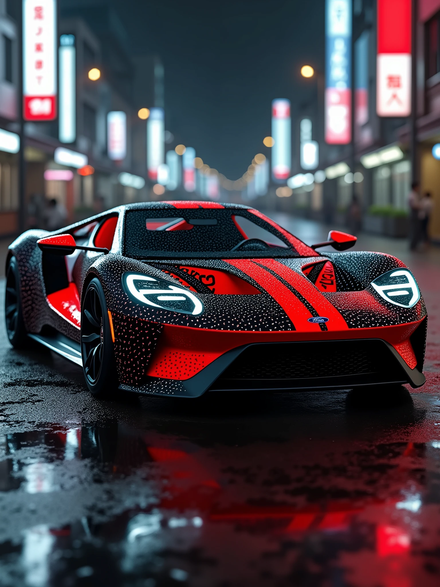 A ford gt 2017 designed by Japanese fashion designer Yohji Yamamoto, in black-and-red color palette, borrowing the punk red plaids, dots and Skewed white Text. Featuring the illustrative artwork seen in the teaser imagery, the slick Mclaren p1 features a streaked red and black wrap across the entire body, accented by stylized white Katakana and Kanji text in contrasting white. The interior is, of course, black, but it’s also surprisingly loud, with plush suede bolstered by embroidered text and more hits of red. The background is of course a Tokyo street with jet black color grading., 3d render, illustration, vibrant, photo