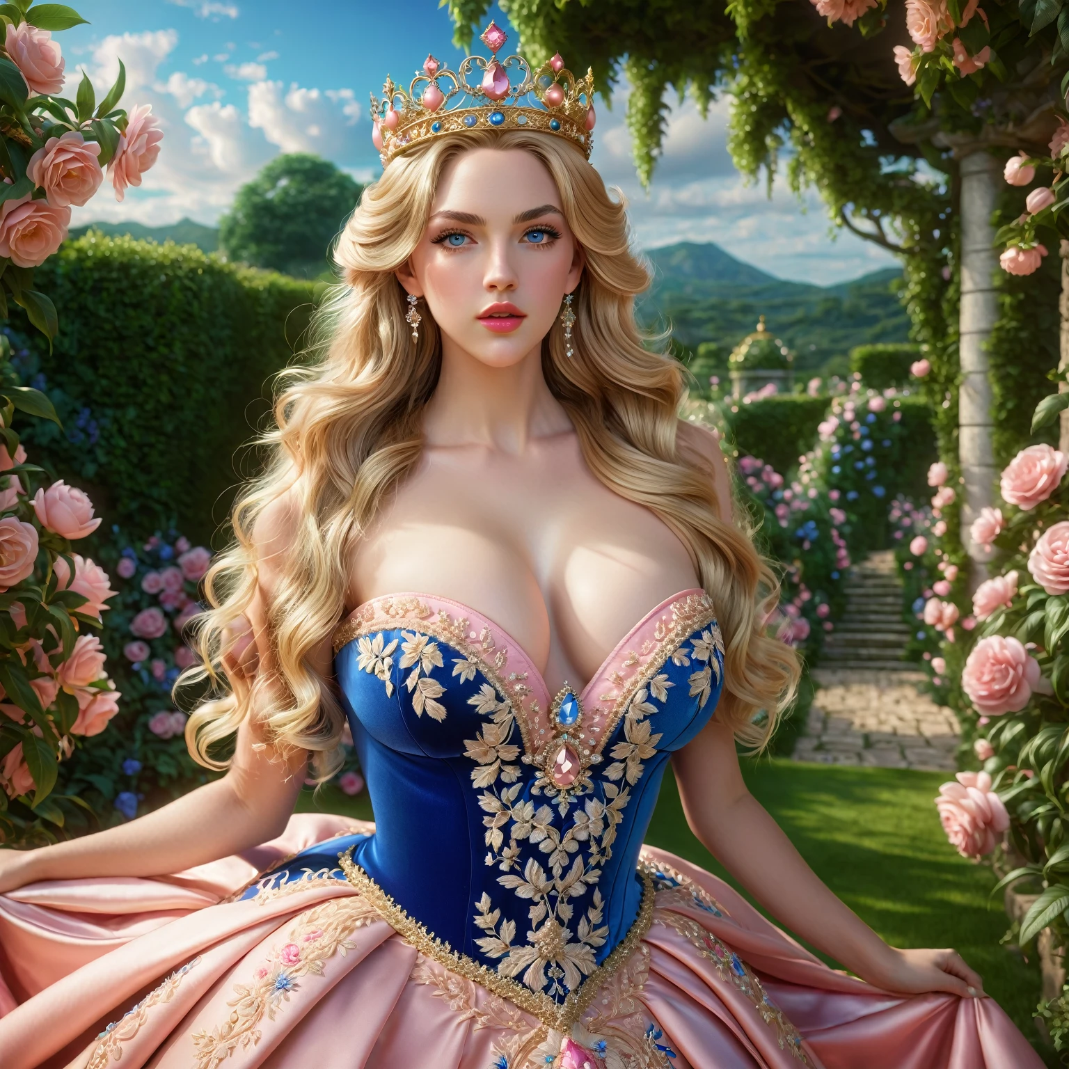 PRINCESS PEACH, 1 girl, beautiful detailed blue eyes, beautiful detailed lips, extremely detailed face, long eyelashes, loose wavy blonde hair, ornate crown, elegant topless royal dress, revealing pink dress, intricate embroidery, lush garden, dramatic lighting, photorealistic , 8K, high resolution, detailed, sensual pose. whole body.