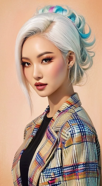 A close-up of a woman with white hair and a plaid jacket, rossdraws vibrant cartoons, rossdraws | afrofuturism, Style Ross Tran, Ross draws a portrait, :: rossdraws, trend in artstration, In the style of Ross Tran, rossdibuja 2. 0, rossdraws 1. 0, RossDraws Vibrant Pastel, rossdibuja 2. 5