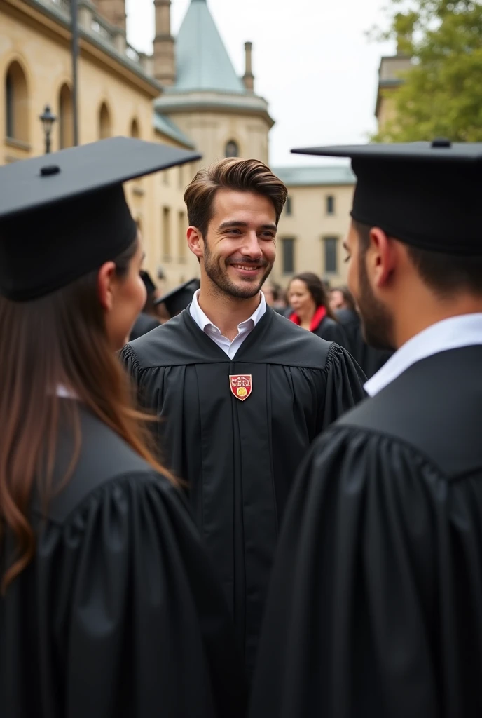 I want a picture of a boy in his adulthood with straight dark brown hair, wearing a graduation gown. He is at a university graduating talking to other guys around.