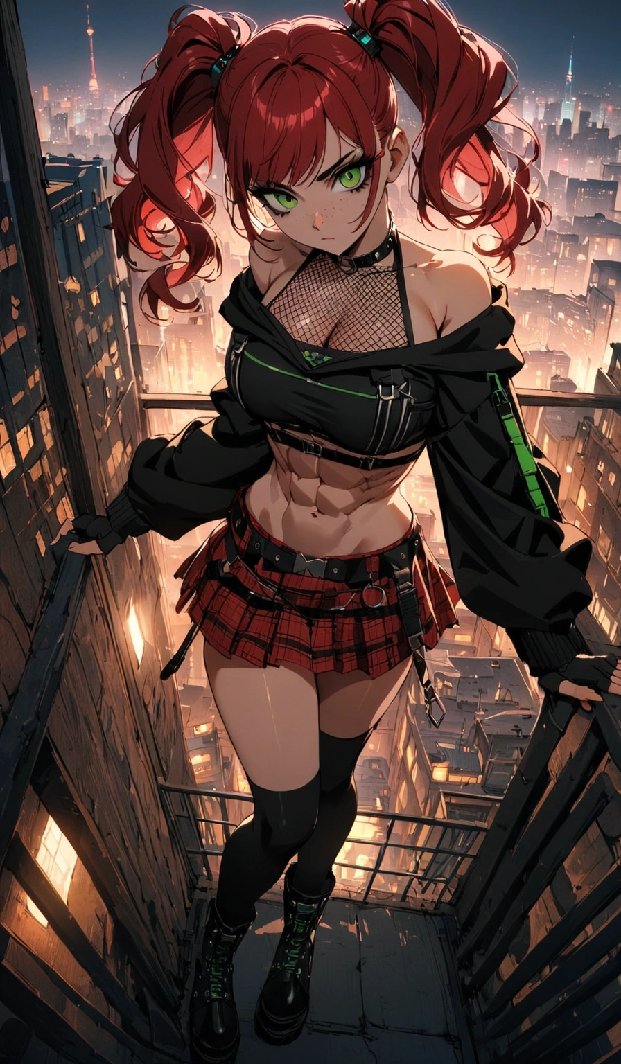 woman, stoic, curly red hair in pig tails, green eyes, black eyeshadow, wearing crop top black shirt, black hoodie, red plaid skirt, black knee high boots, black fingerless gloves, exposed shoulders, large breasts, freckles, abs, cleavage, looking down at viewer, cinematic lighting, masterpiece, best quality, best quality, Holo-Punk Style, cityscape, make up, eyelashes, fish net undershirt, fish net stockings, (full body)