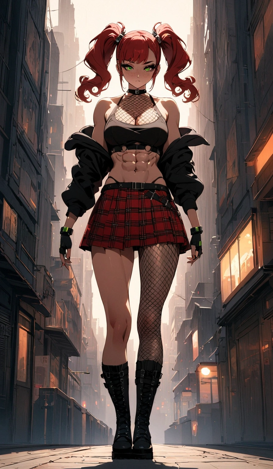 woman, stoic, curly red hair in pig tails, green eyes, black eyeshadow, wearing crop top black shirt, black hoodie, red plaid skirt, black knee high boots, black fingerless gloves, exposed shoulders, large breasts, freckles, abs, cleavage, looking down at viewer, cinematic lighting, masterpiece, best quality, best quality, Holo-Punk Style, cityscape, make up, eyelashes, fish net undershirt, fish net stockings, (full body)
