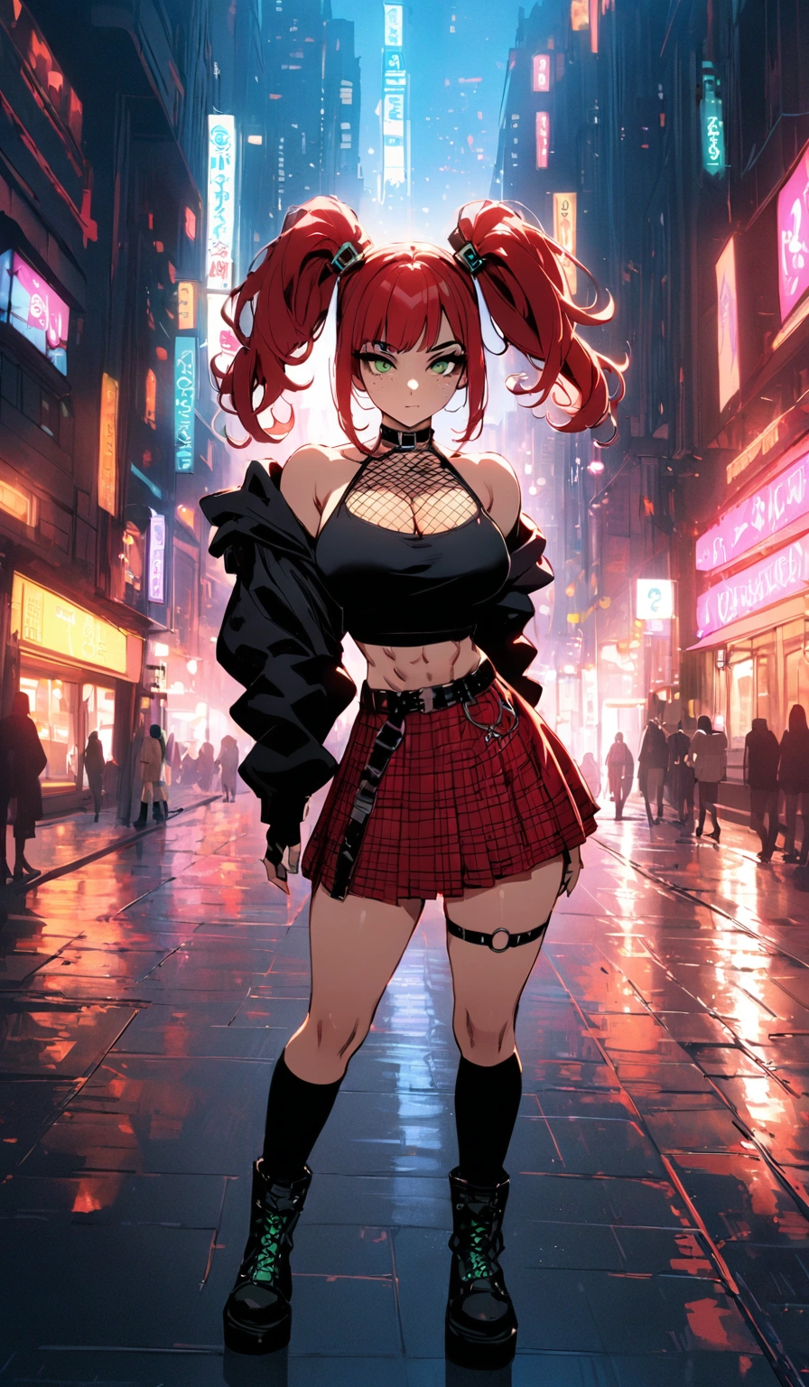 woman, stoic, curly red hair in pig tails, green eyes, black eyeshadow, wearing crop top black shirt, black hoodie, red plaid skirt, black knee high boots, black fingerless gloves, exposed shoulders, large breasts, freckles, abs, cleavage, looking down at viewer, cinematic lighting, masterpiece, best quality, best quality, Holo-Punk Style, cityscape, make up, eyelashes, fish net undershirt, fish net stockings, (full body)