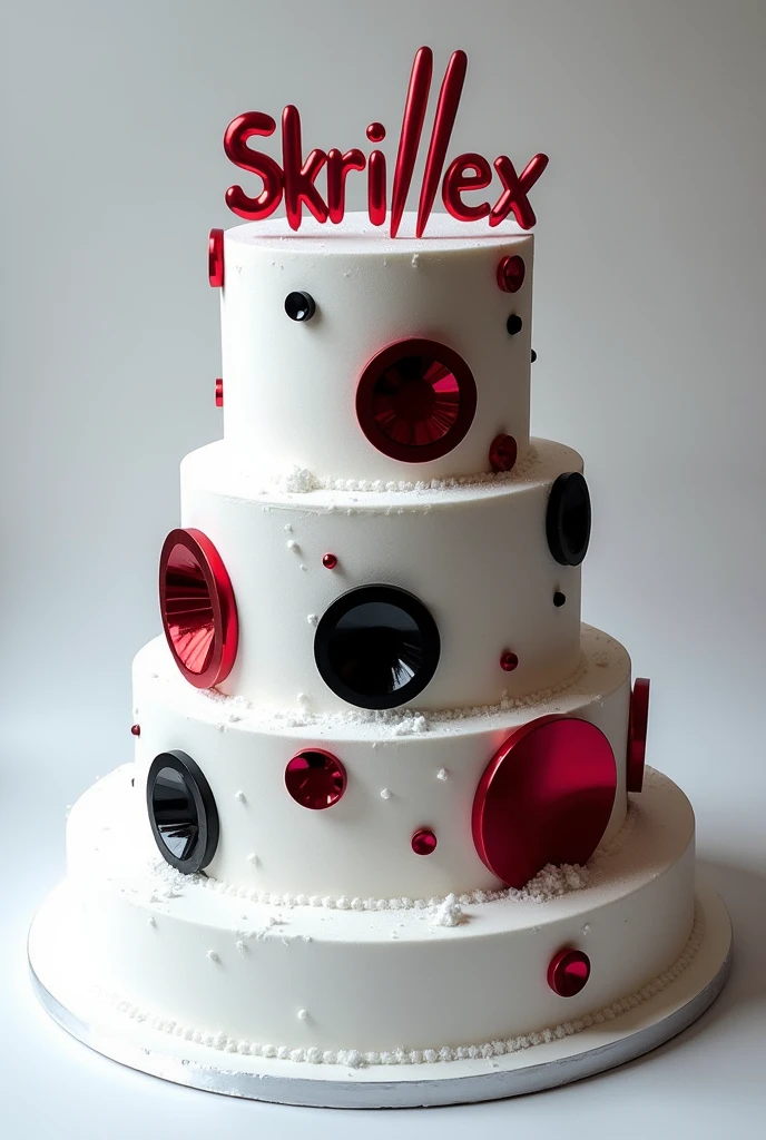 create an image of a white snow cake with black and some red, circular, with skrillex theme, DUBSTEP, that has the name of skrillex 