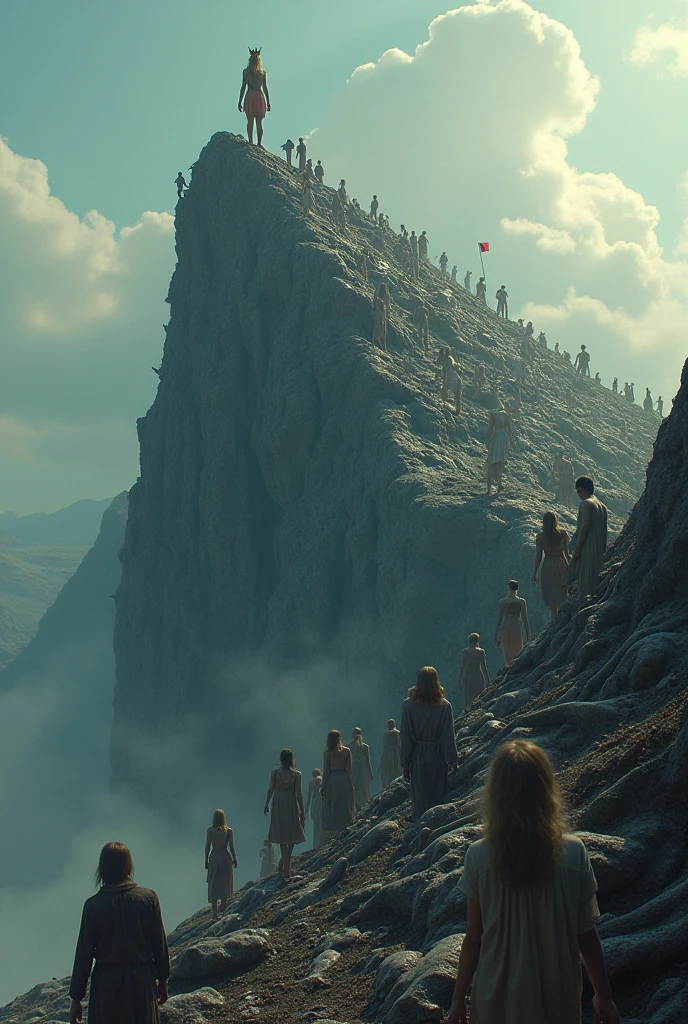A mountain , which consists of dead people , on the top is a blonde girl with a crown and French flag , On one side, exhausted people try to climb up , which abse fail The mountain consists of dead people , on one side people try to sound it A human mountain on which the mäschwb with the French flag and the crown stands