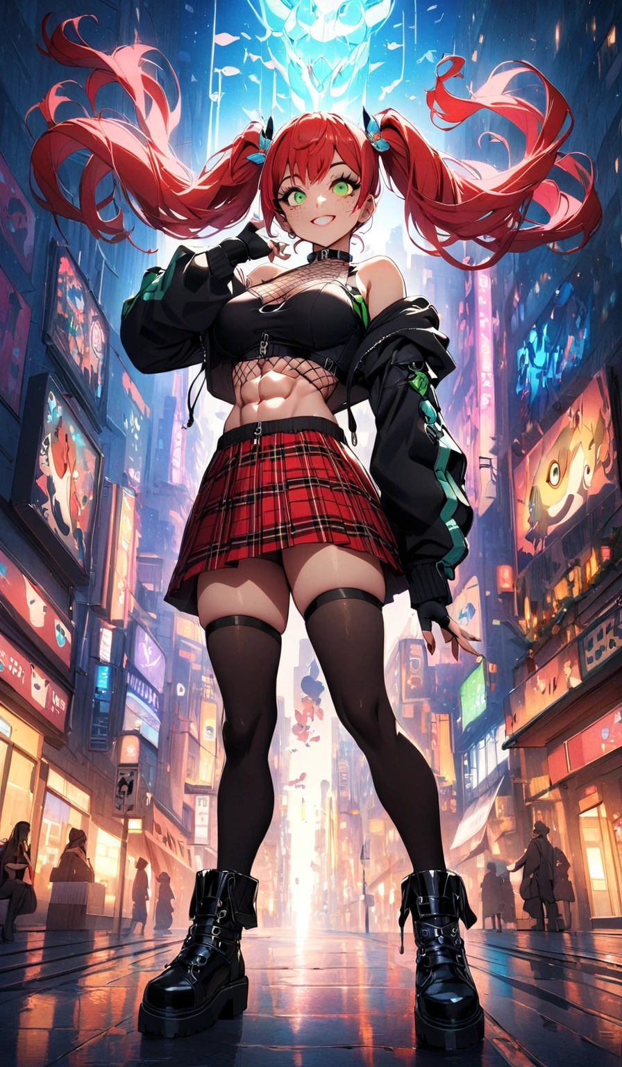 woman, grin, curly red hair in pig tails, green eyes, black eyeshadow, wearing crop top black shirt, black zip up hoodie, red plaid skirt, black knee high boots, black fingerless gloves, exposed shoulders, large breasts, freckles, abs, cleavage, looking up at viewer, cinematic lighting, masterpiece, best quality, Holo-Punk Style, in the city, make up, eyelashes, fish net undershirt, fish net stockings, (full body)