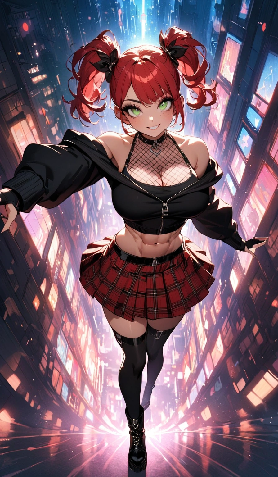 woman, grin, curly red hair in pig tails, green eyes, black eyeshadow, wearing crop top black shirt, black zip up hoodie, red plaid skirt, black knee high boots, black fingerless gloves, exposed shoulders, large breasts, freckles, abs, cleavage, looking up at viewer, cinematic lighting, masterpiece, best quality, Holo-Punk Style, in the city, make up, eyelashes, fish net undershirt, fish net stockings, (full body)