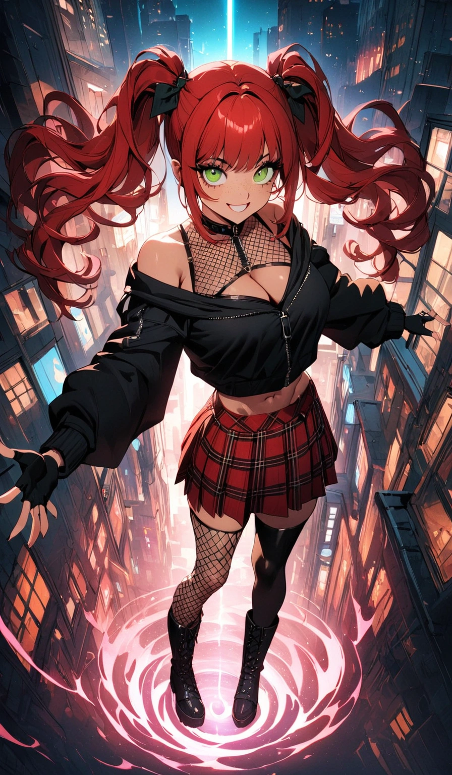 woman, grin, curly red hair in pig tails, green eyes, black eyeshadow, wearing crop top black shirt, black zip up hoodie, red plaid skirt, black knee high boots, black fingerless gloves, exposed shoulders, large breasts, freckles, abs, cleavage, looking up at viewer, cinematic lighting, masterpiece, best quality, Holo-Punk Style, in the city, make up, eyelashes, fish net undershirt, fish net stockings, (full body)