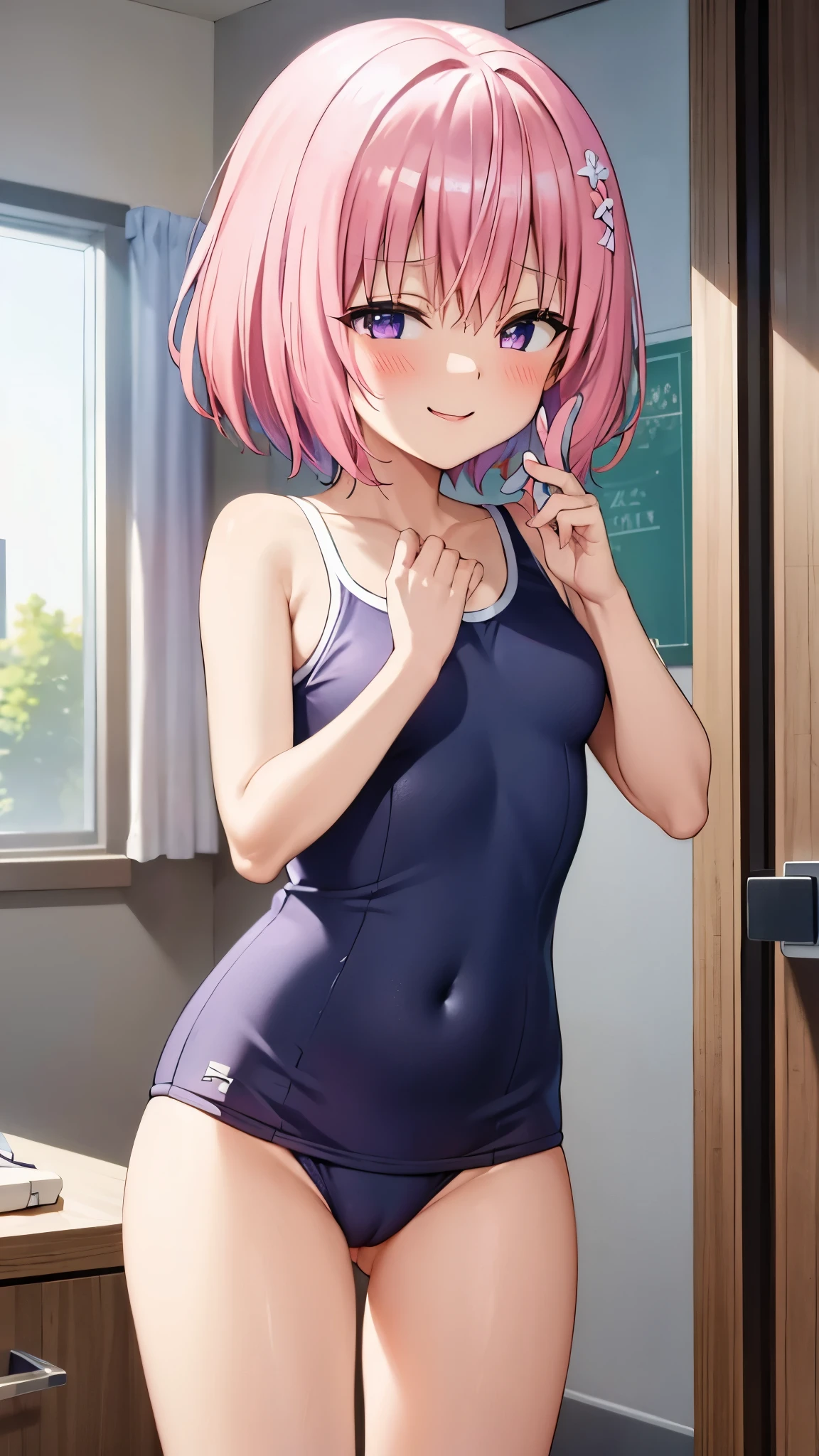 8k,Highest,quality,(highest quality:1.1), (masterpiece:1.4), (Confused:1.0),
1 person, Deviluke Type, hair ornaments, Bobcut, Short Hair Pink Hair, Purple eyes,Medium chest ,(School Swimsuit), Her Room, (blush:1.2), smile,(Perfect Fingers),Squat,Spread your legs ,ass pov,Heavy breathing,masturbation,Pussy Line,mesugaki,