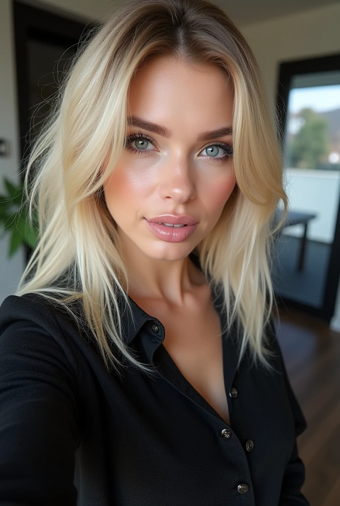Selfie, Wink, süße Babyface-woman, attractive and seductive expression, Shy, blonde straight hair, forehead, the picture, blue eyes, Excellent body proportions, with Tätowierungen bedeckt, wears loosely knitted shirt, tight-fitting leather trousers, highheel stiefel bob hair with lots of blonde strands, pointed nose, bleached blonde bob hair, 4, lifted face, Nose for Plastic Surgery, Vampir-Lifting, Pores on the cheeks, broad nasal bone, Eye wrinkles, small laugh lines, Hautpo, Pointed cheekbones, HIGH CHEEKBONE, Almond eyes, Schmale Almond eyes, Smokey Eyes Make-up, Vamp Make-up, Subscribe to something, brownish skin, Surgical lips, detailed face details (freckles, folds, Hautpo) Full body image of (woman, stand, with, Arms crossed,little smile), (Detailliertes Realistses Gesicht), (((Hyperdetailed))), symmetrical face, detailed students, expressive make-up, Real photography, modern look, Real photography (Realists:1.5); She wears various Sexy colorful dresses, Bold dark eye makeup Vamp Mascara, long black dark eyelashes, sitting in the living room, Show hips, Confident Pose, dominant woman , black eyeshadow, spectacular show make-up, Image grain, pixel grain, high contrast, Hips posing, Sexy hips, Full body shot, long legs, sexy legs, large , large , busty, She presents her body cheekily, provocative for the viewer, Sexy attitude, pussy:1.9, vagina:1.9, clitoris:1.9, (small pussy:1.5), (modern office background:1.3)、Golden blonde long hair、(High Heels), (Seductive pose:1.2) professional photo, HDR, Natural light, (Anti-aliasing:1.2), elegant, Soft, diffuse light, Realistssch proportions, limited range, Contre-Jour, Accent Lighting, (Neutral Colors:1.3), (Cough:1.7), cinematic lighting, coherent light, coherent shadows, depth of field, 35mm Photography, epicPhoto, ((naughty slut:1.5)) ((Whore in tight skirt:1