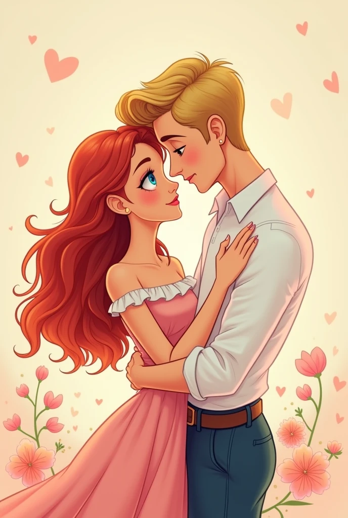 A romance book cover of a white woman with red hair with a blonde white man in cartoon style with pastel colors