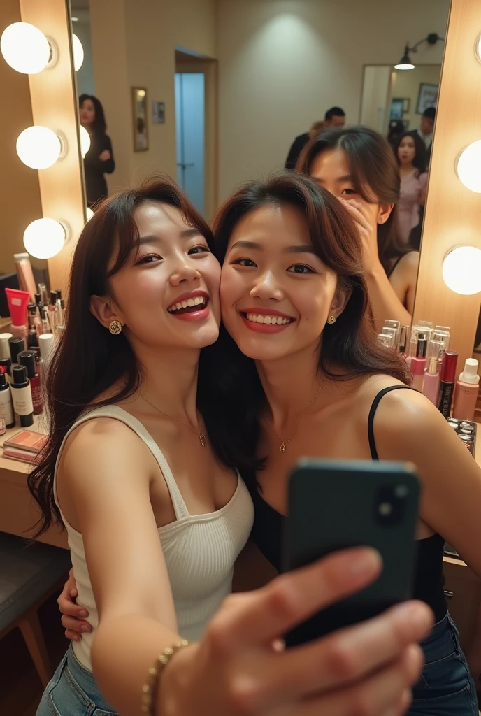 Fullbody of length photorealistic dua orang Asian, funny selfie, female artist and her male fans, make up room background ,Real realistic 8K UHD