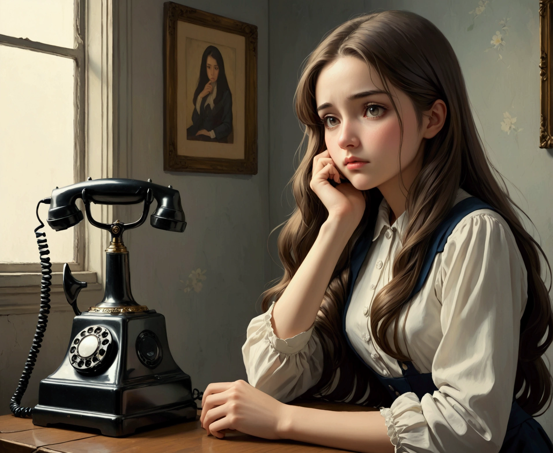 wonderful, masterpiece, Ultra-high resolution, A woman waiting in front of an old telephone、８K、Sad face、Long Hair