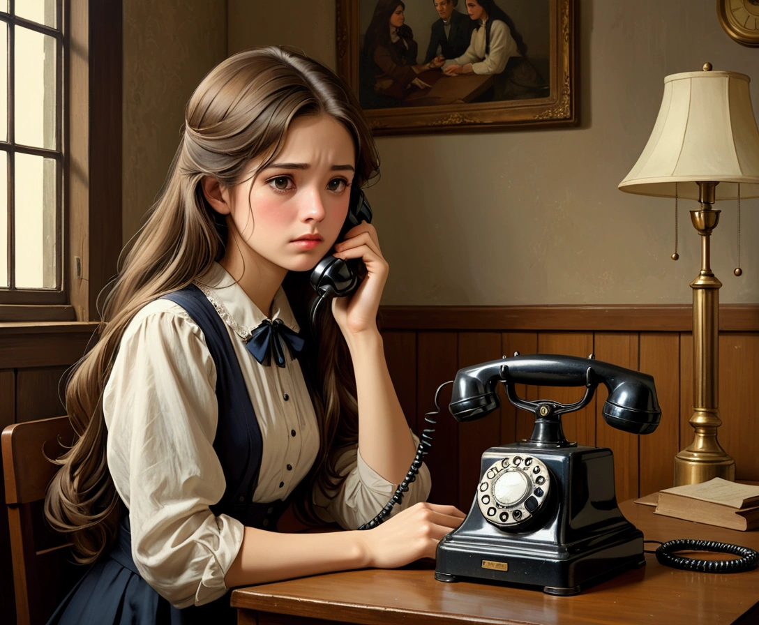 wonderful, masterpiece, Ultra-high resolution, A woman waiting in front of an old telephone、８K、Sad face、Long Hair