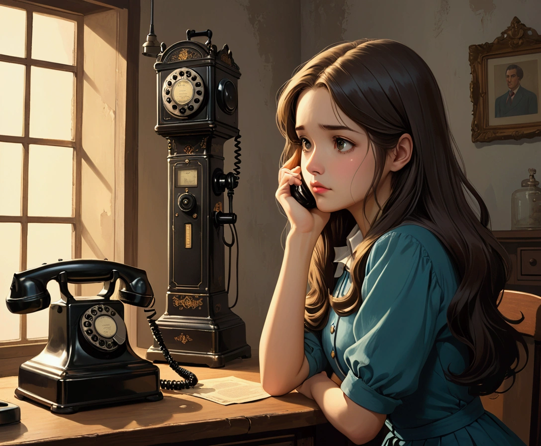 wonderful, masterpiece, Ultra-high resolution, A woman waiting in front of an old telephone、８K、Sad face、Long Hair