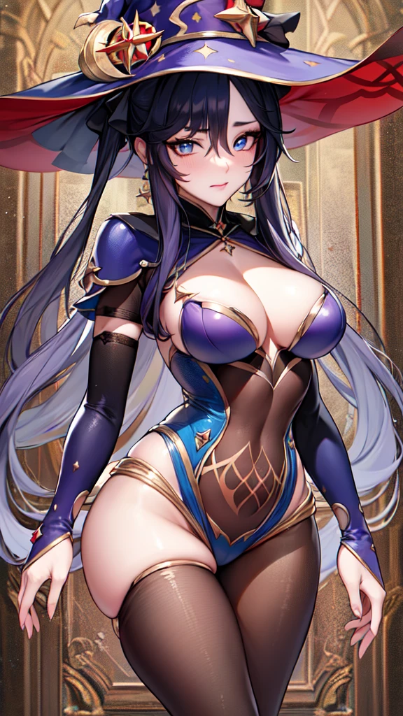 mona, blue eyes, hair between eyes, twintails, very long hair, purple hair, hat, (small breast:1.2, big hips:1.2), witch hat, , (full body), (masterpiece), (best quality), ultra high res, ultra detailed, detailed eyes, intricate, 1girl, looking at viewer, collarbone, ((big hips, tight clothes, cleavage, looking at the viewer)), (abs:0.8), blushed, (realistic:1.2), (realism), (masterpiece:1.2), (best quality), (ultra detailed), (8k, 4k, intricate), (85mm), light particles, lighting, (highly detailed:1.2), (detailed face:1.2), (gradients), colorful, (detailed eyes:1.2), (detailed background), detailed landscape, (dynamic angle:1.2), (rule of third_composition:1.3), (Line of action:1.2), seducing pose,