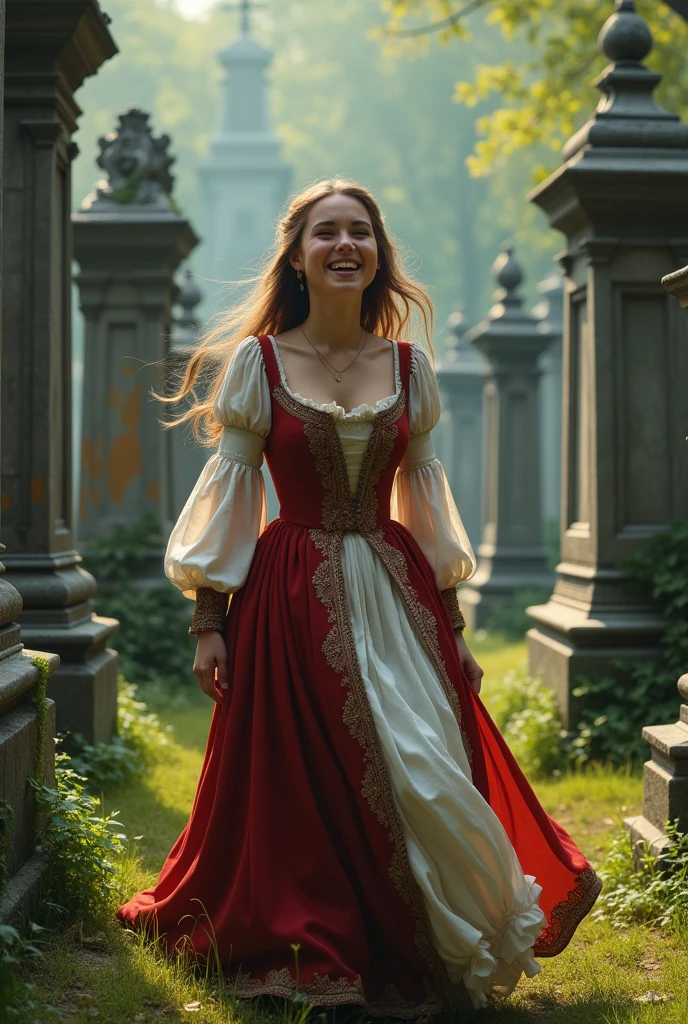 woman in medieval dress, Youngh, laughing in the cemetery with dress around