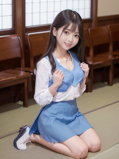 Japanese female, (underweight), (flat chest best quality:1.5), 30 years old, (cheerful grin:1.1),
church, happy, kneeling, long hair, (white blouse), (blue skirt), (put your hands together in front of your chest:1.2), Happy Scene, (full body shot), from below