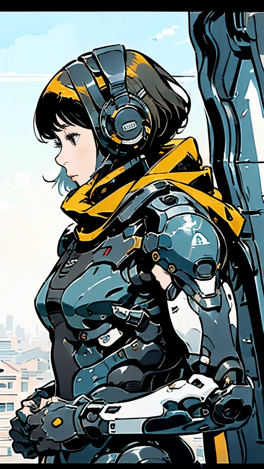 Android Ninja Suit、profile、Close-up of face、solo、Beautiful woman、Black Hair、Bobcut、Looking up at the sky、Scarf、Carrying a sword、Holding a shield、Moderate bust、scenery、The future will、、Mecha Ninja、Urban camouflage、Half helmet、masterpiece、Highest quality