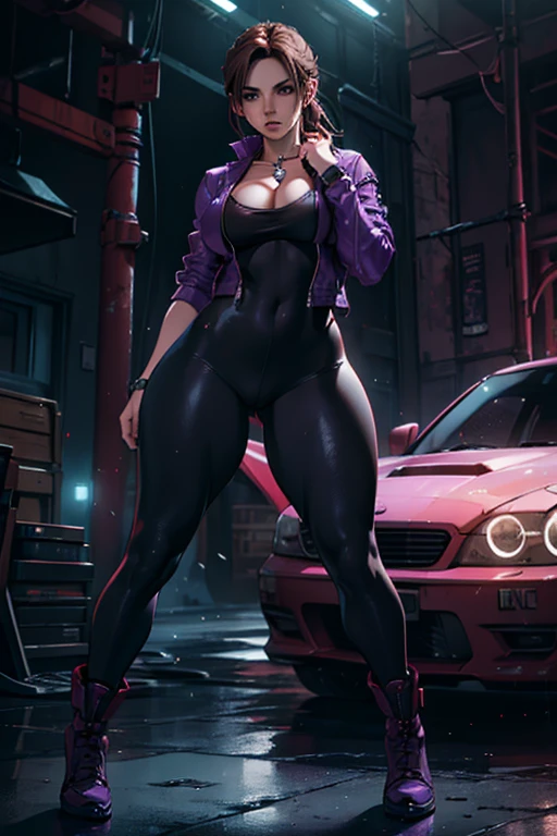 Best Quality, masterpiece ,a beautiful girl,((Claire redfield)), beautiful, ultra realistic,All the details, High resolution, Brainwashed facial expression, (brainwashing), attractive, beautiful, ((Wear purple clothes)), ((((Mind control device on his chest.))),transparent thighs, jacket, big breasts, big hips,big butt, Full body parts clearly visible, standing and spreading your legs, sexy poses,full body shot,Wet, oily body, good body shape, ghost town in the background,resident evil theme