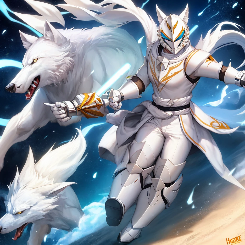A white wolf Power ranger weaing a wolf themed helmet