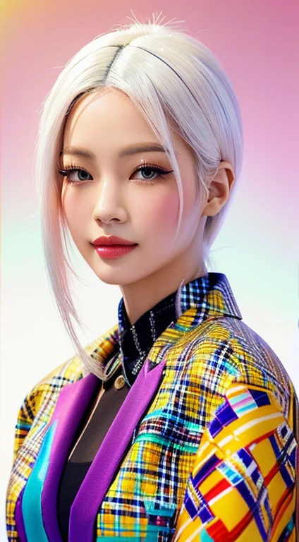 A close-up of a woman with white hair and a plaid jacket, rossdraws vibrant cartoons, rossdraws | afrofuturism, Style Ross Tran, Ross draws a portrait, :: rossdraws, trend in artstration, In the style of Ross Tran, rossdibuja 2. 0, rossdraws 1. 0, RossDraws Vibrant Pastel, rossdibuja 2. 5